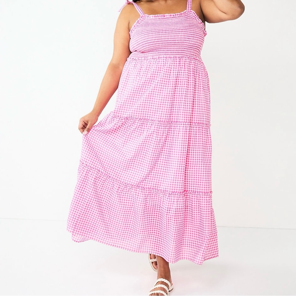 Draper James Pink Gingham Tiered Maxi Dress